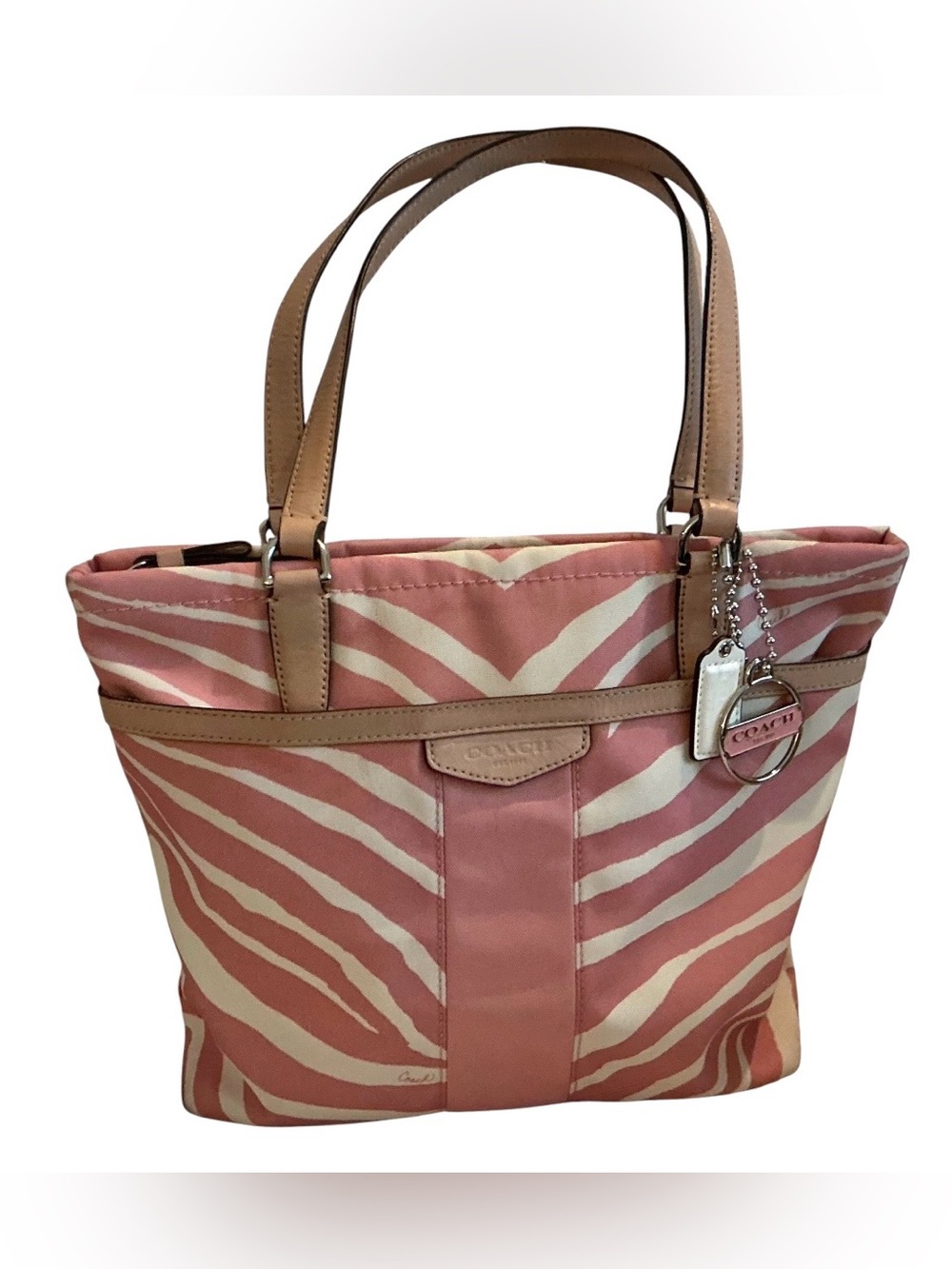 Coach Pink Zebra Print Canvas Leather Tote Shoulder Bag Hangtag & Charm F23883